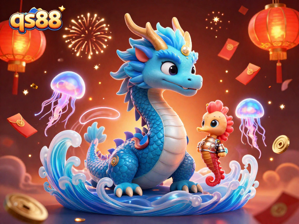 Experience the excitement of qs88 with a vibrant 3D fantasy scene featuring gaming elements and celebratory motifs.