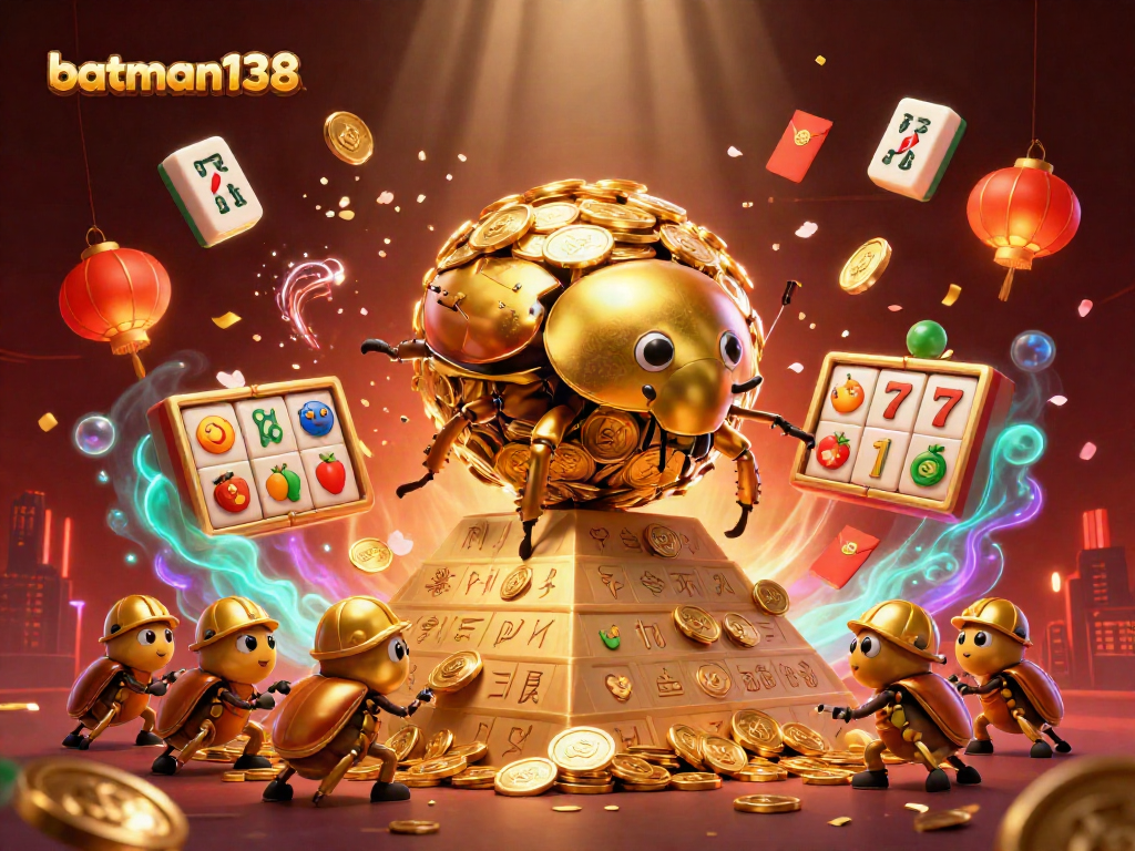 Experience exciting wins with batman138 in this vibrant casino-themed illustration filled with gold coins and gaming symbols.