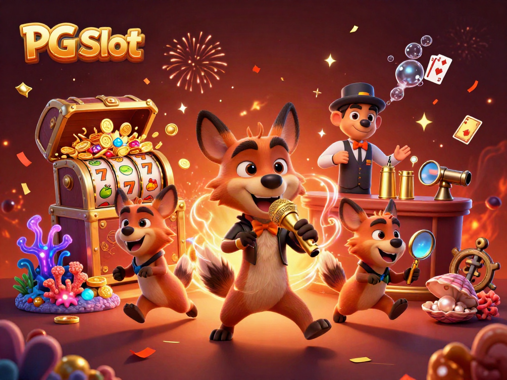 Mainkan PG Slot dengan hyena lucu di klub kasino, menghibur dan menyajikan minuman di latar belakang berkilauan.