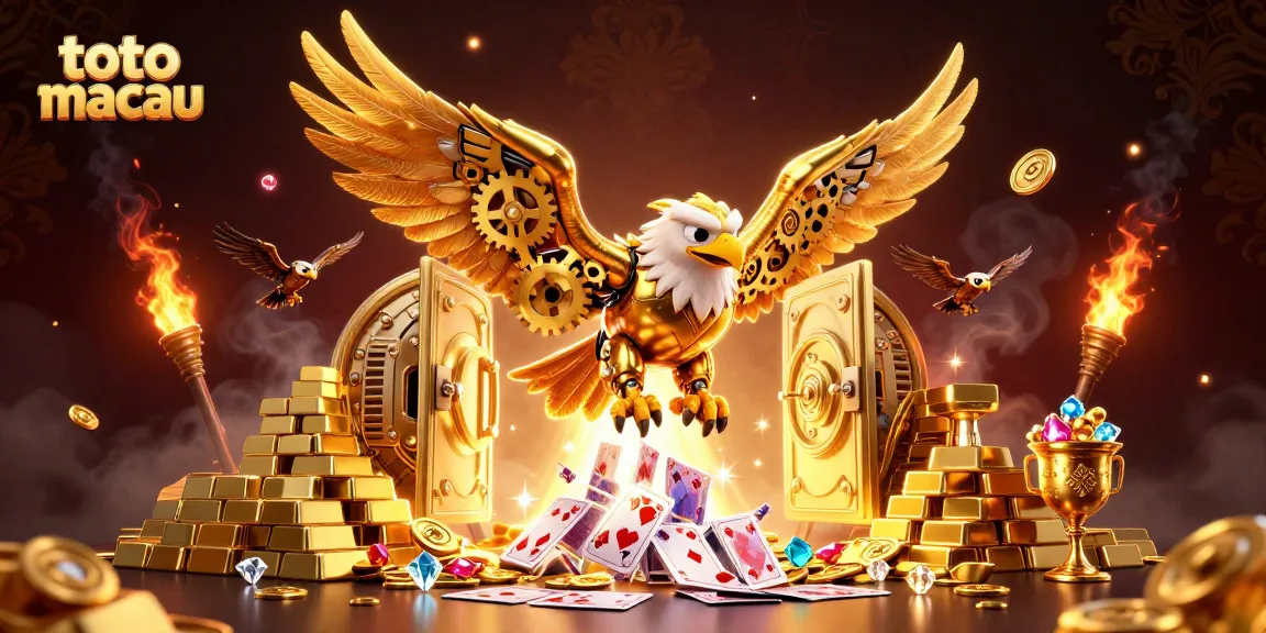 Experience thrilling victories in toto macau with our spectacular 3D casino illustration showcasing golden treasures and flying cards.