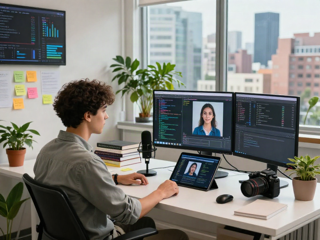 AI Image Detector software shown in a modern workspace with dual monitors analyzing image authenticity.