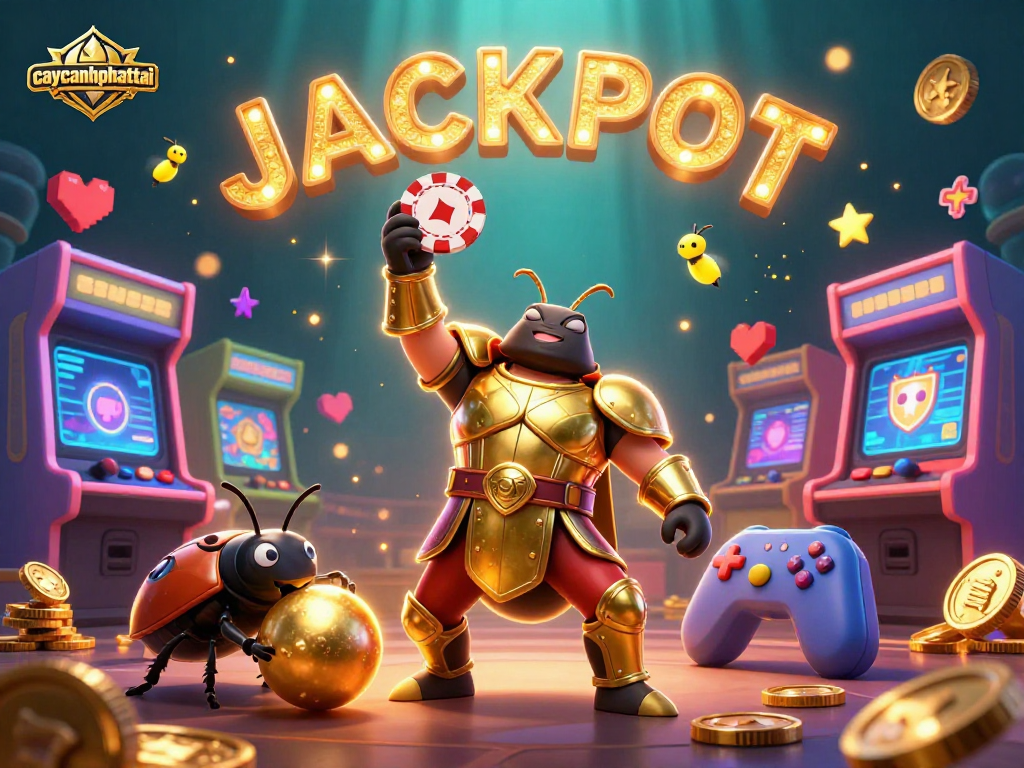 Caycanhphattai showcases a victorious 3D beetle with gaming elements in a vibrant casino scene.