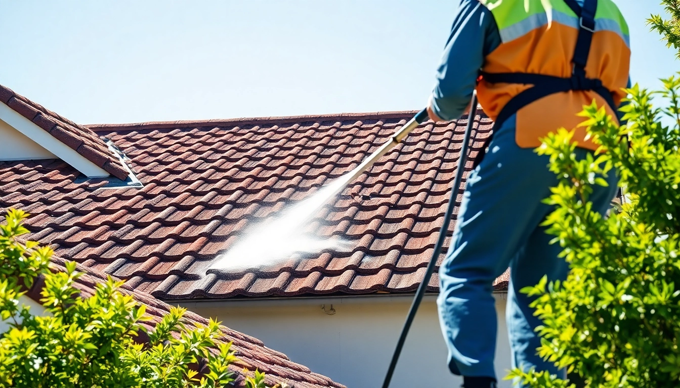 Roof Cleaning service in action, depicting a professional technician cleaning a home's roof.