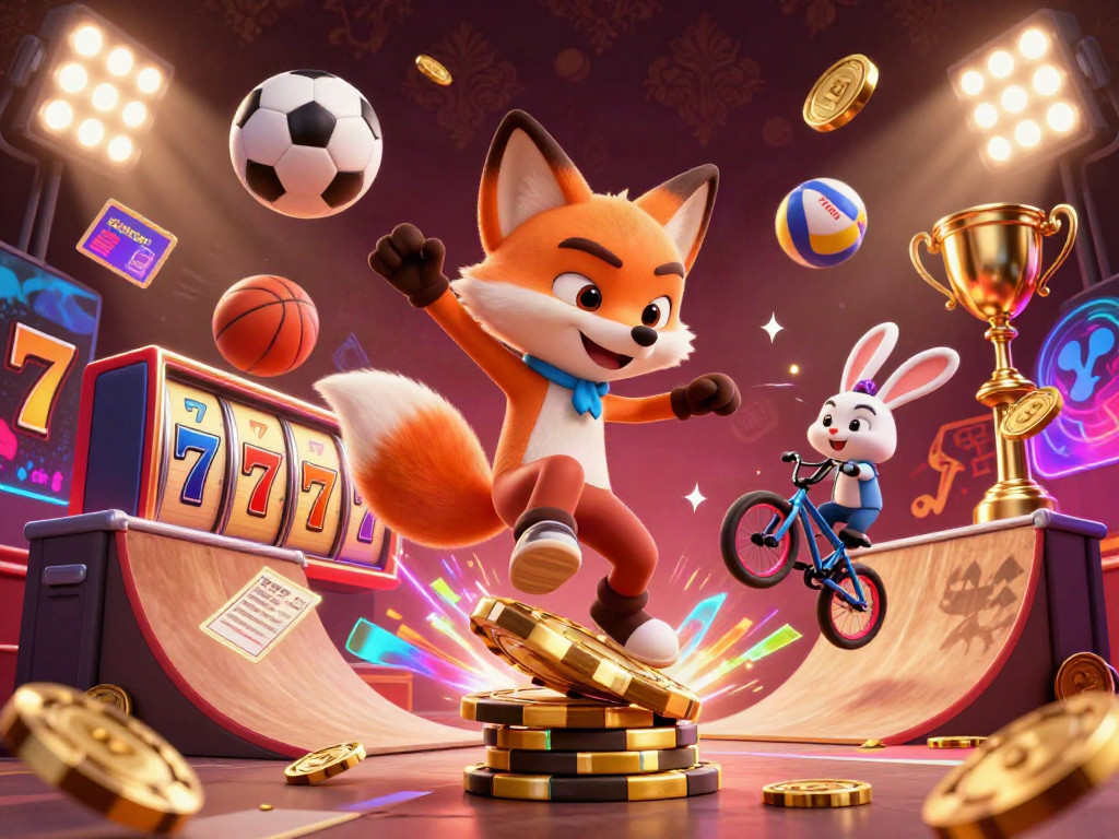 Gambarkan slot resmi dengan fox skateboarder dan kelinci BMX di latar belakang koin emas.