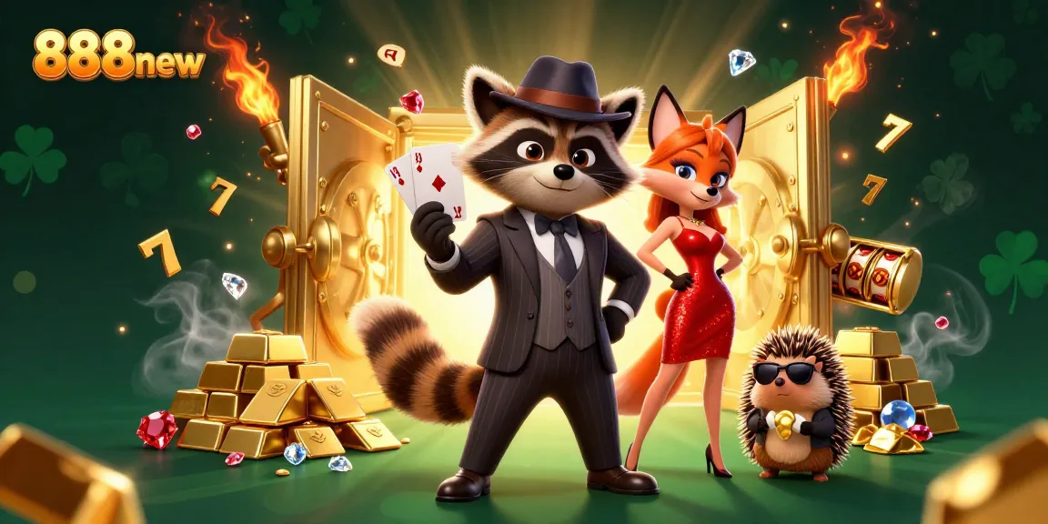 Experience thrilling gameplay with 888new's vibrant casino elements, a raccoon holding a royal flush.