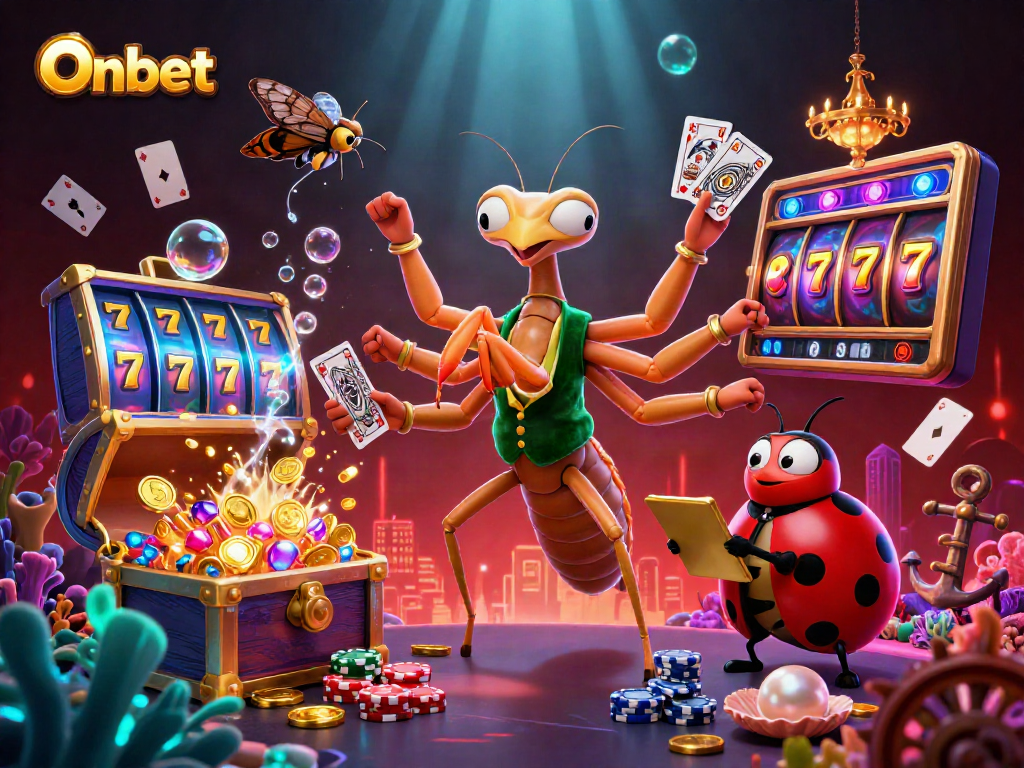 Onbet's thrilling slots scene showcases a giant mantis card sharp amidst jackpot excitement.