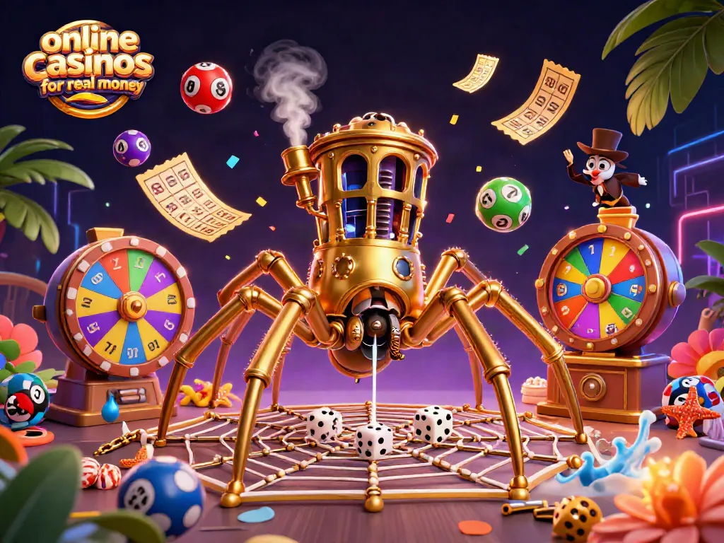 Experience the excitement of online casinos for real money with vivid slots, golden tickets, and steampunk characters.