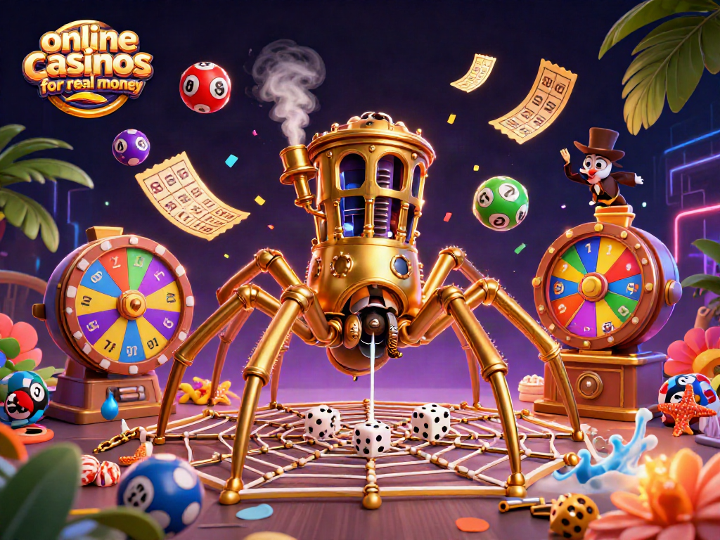 Experience the excitement of online casinos for real money with vivid slots, golden tickets, and steampunk characters.