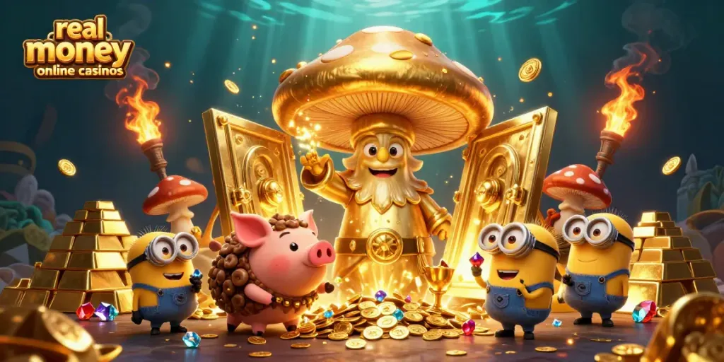 Experience the magic of real money online casinos with a golden mushroom wizard, treasure, and gems