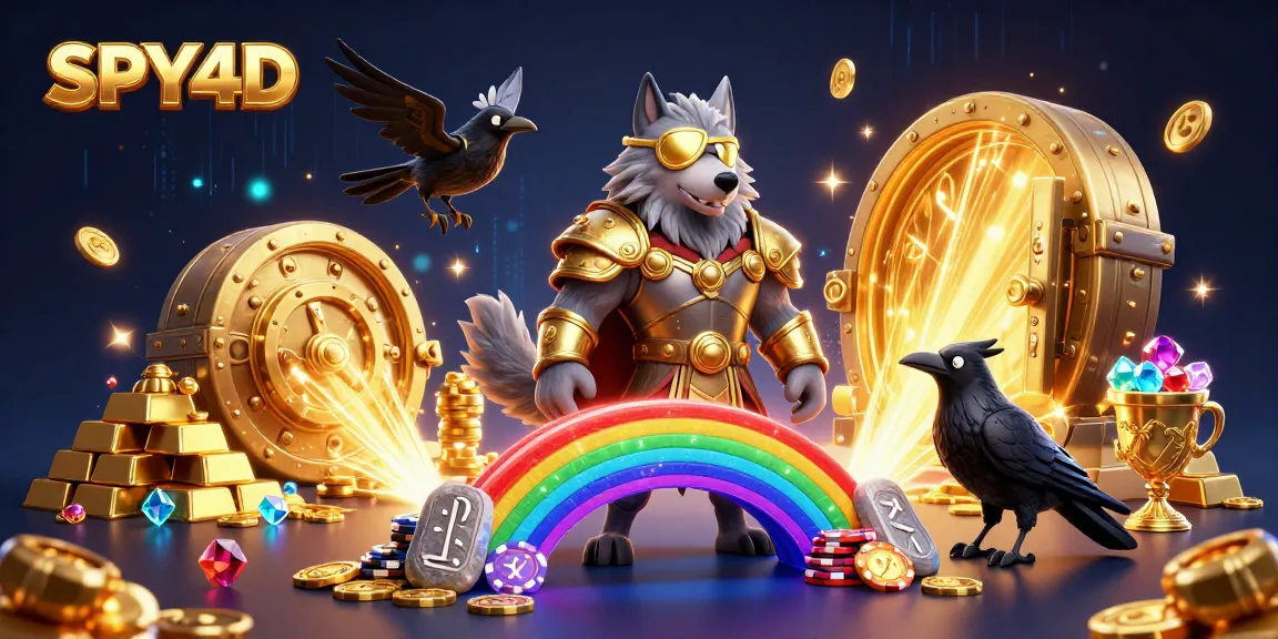 Gambarkan SPY4D dalam gambar 3D dengan elemen kasino yang megah dan karakter menarik.