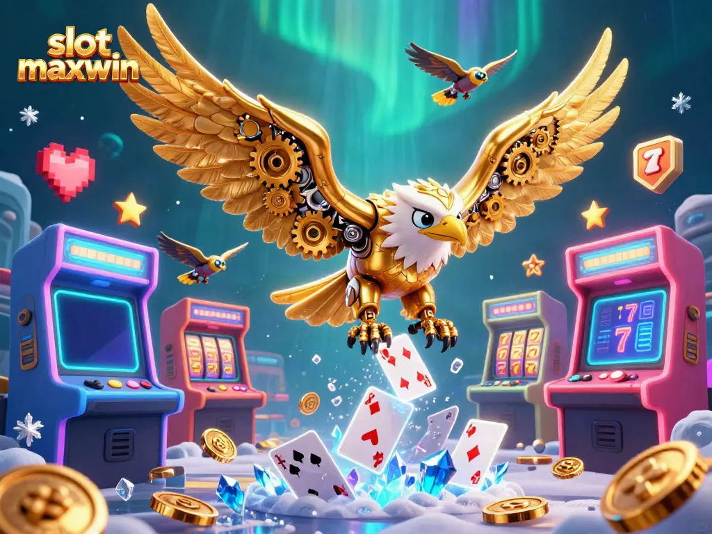 Slot maxwin menunjukkan elang emas cybernetic 3D terbang melewati kartu holografik dan mesin arcade cerah.