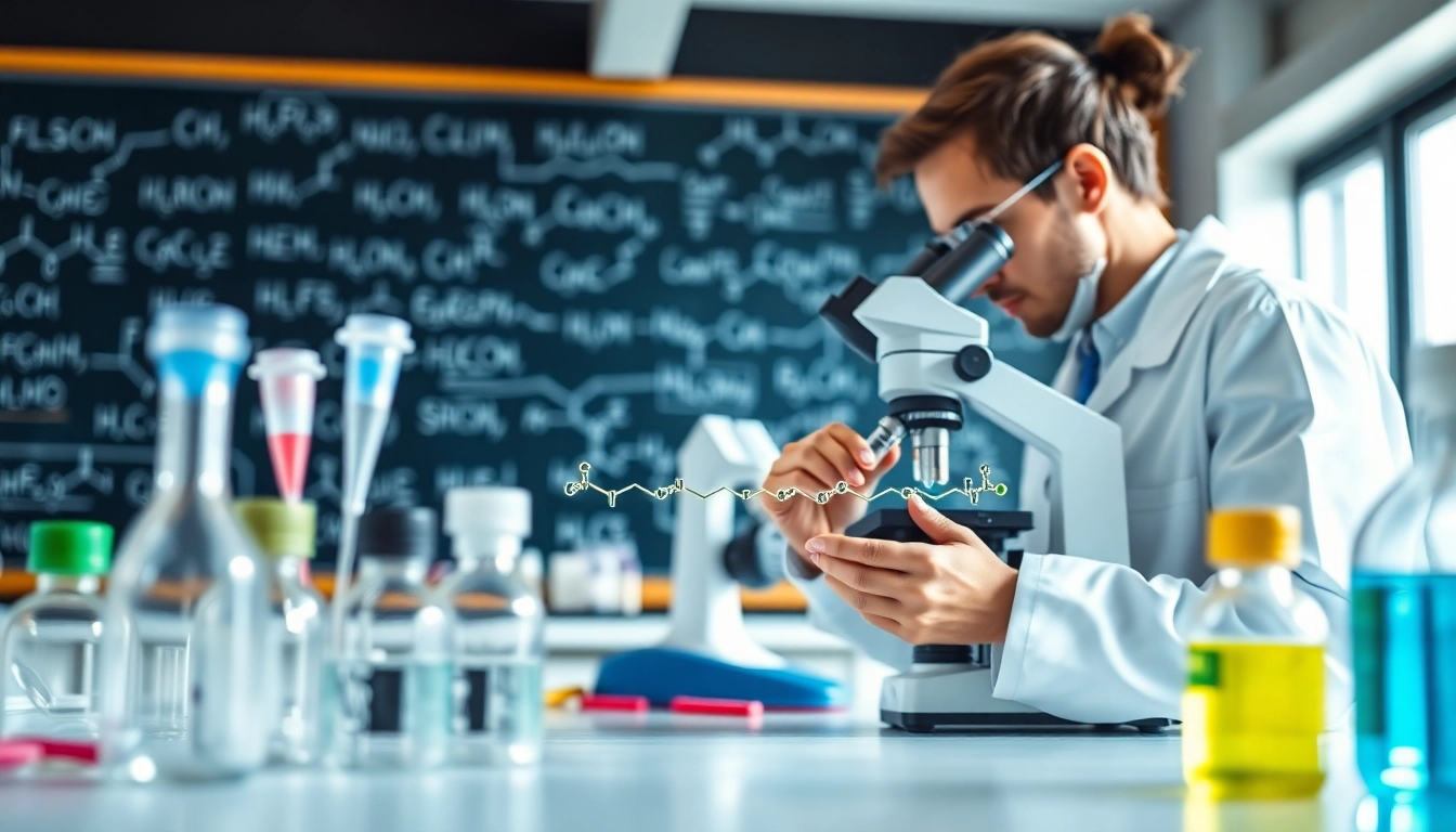 Peptidology-based research lab scene with a scientist studying peptide samples in a modern environment.