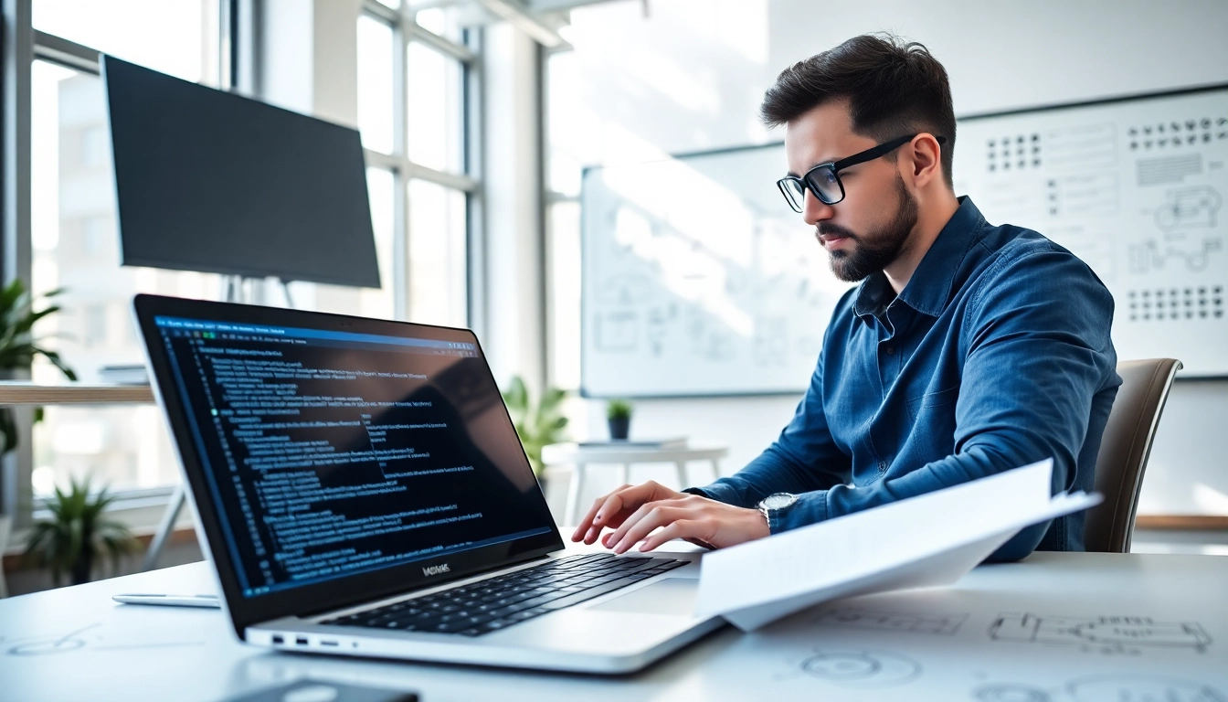 Illustration of Headless Shopify development project featuring a developer coding in a modern office.