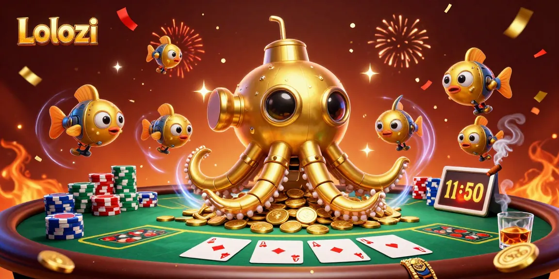 Lolozi showcases a vibrant poker scene with a golden kraken submarine and dynamic casino elements.