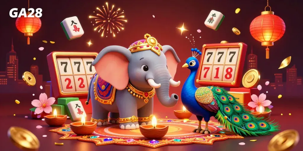 Experience vibrant gaming at GA28 with festive elements and joyful casino action.