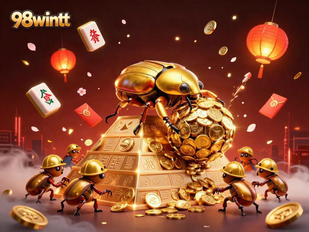 Experience thrilling gameplay at 98wintt with vibrant casino art featuring golden beetles and games.
