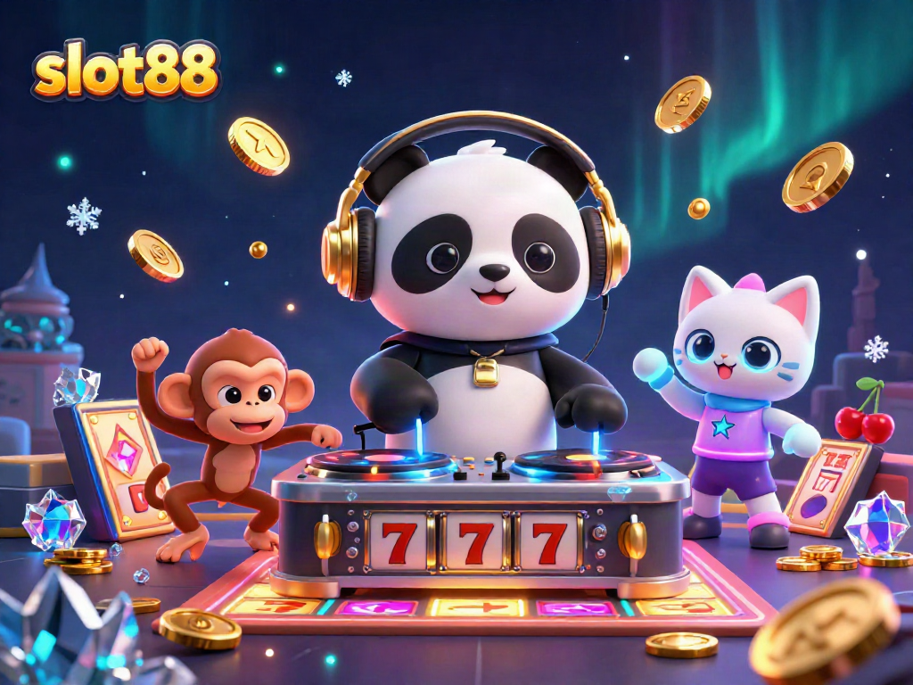 Experience the thrill of winning at slot88 with dynamic characters and exciting gaming elements in a 3D illustration.