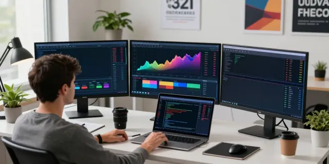 Trader using MetaTrader 5 on a modern workspace with dual monitors.