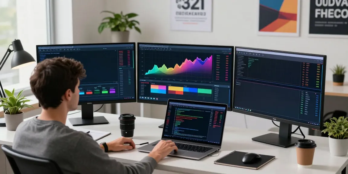 Trader using MetaTrader 5 on a modern workspace with dual monitors.