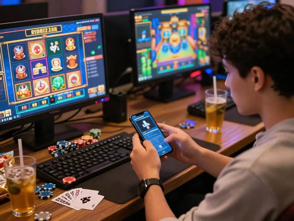 Pemain menikmati permainan situs slot gacor ZEUS222 dengan smartphone dan grafik slot yang menarik.