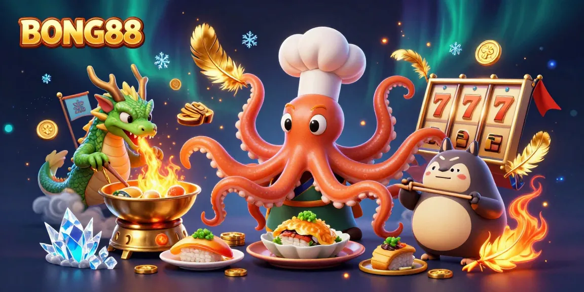 BONG88 enhances the gaming experience with a vibrant scene featuring a sushi chef octopus and a dragon.