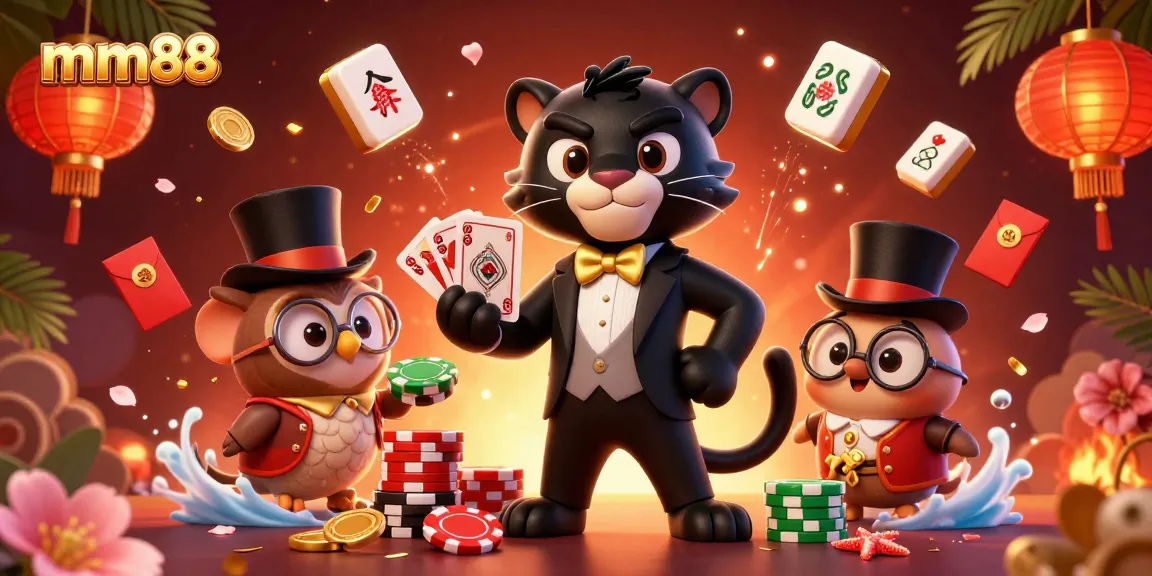 mm88 showcases a vibrant 3D casino scene with a stylish panther dealing cards while an owl and mouse enhance the excitement.