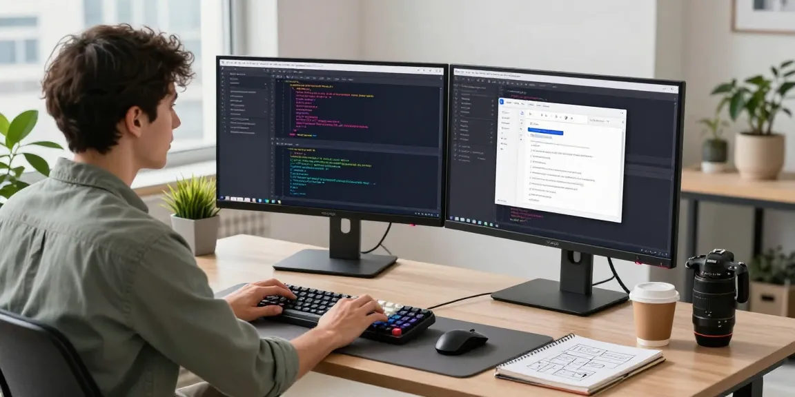 Developer coding at modern workspace with dual monitors at https://www.bdtjl.app/, showcasing a vibrant coding environment.