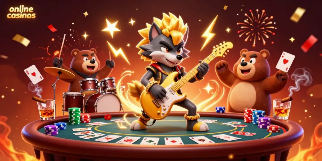 Rock star wolf and drummer bear performing on stage surrounded by vibrant poker elements, highlighting online casinos.