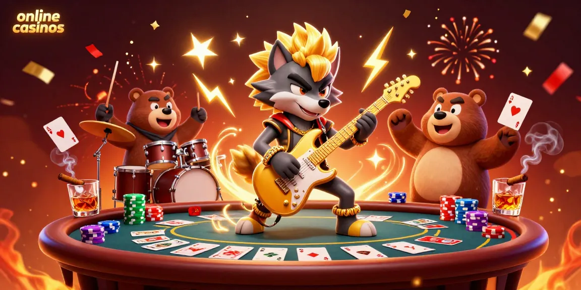 Rock star wolf and drummer bear performing on stage surrounded by vibrant poker elements, highlighting online casinos.