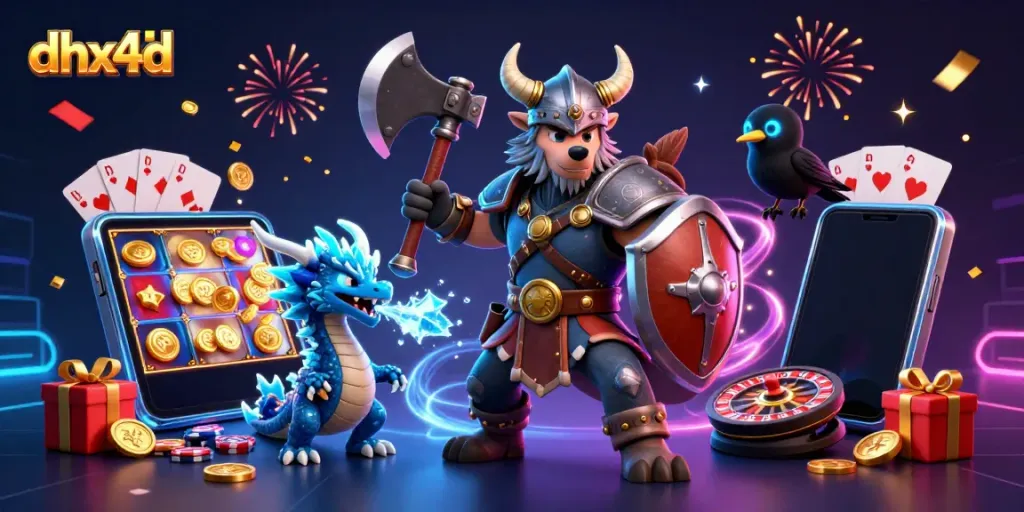 Permainan menarik di DHX4D menunjukkan kombinasi karakter Viking dan elemen kasino yang kaya.