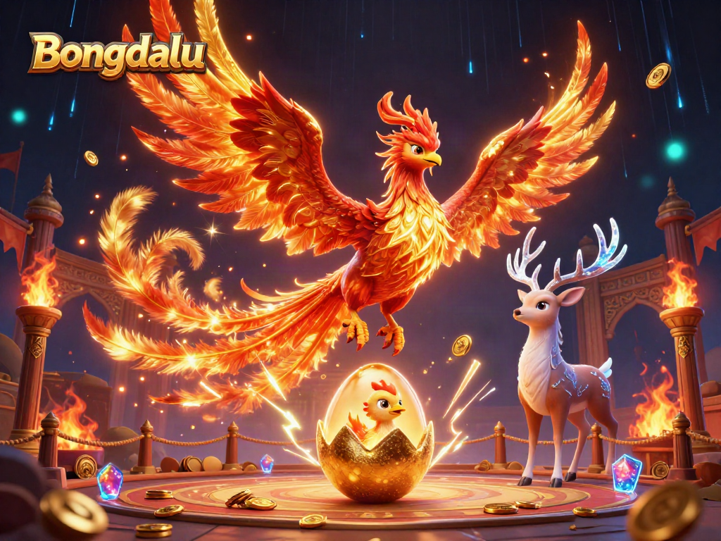 Bongdalu showcases an exciting 3D illustration of a phoenix and stag amidst vibrant gambling elements.