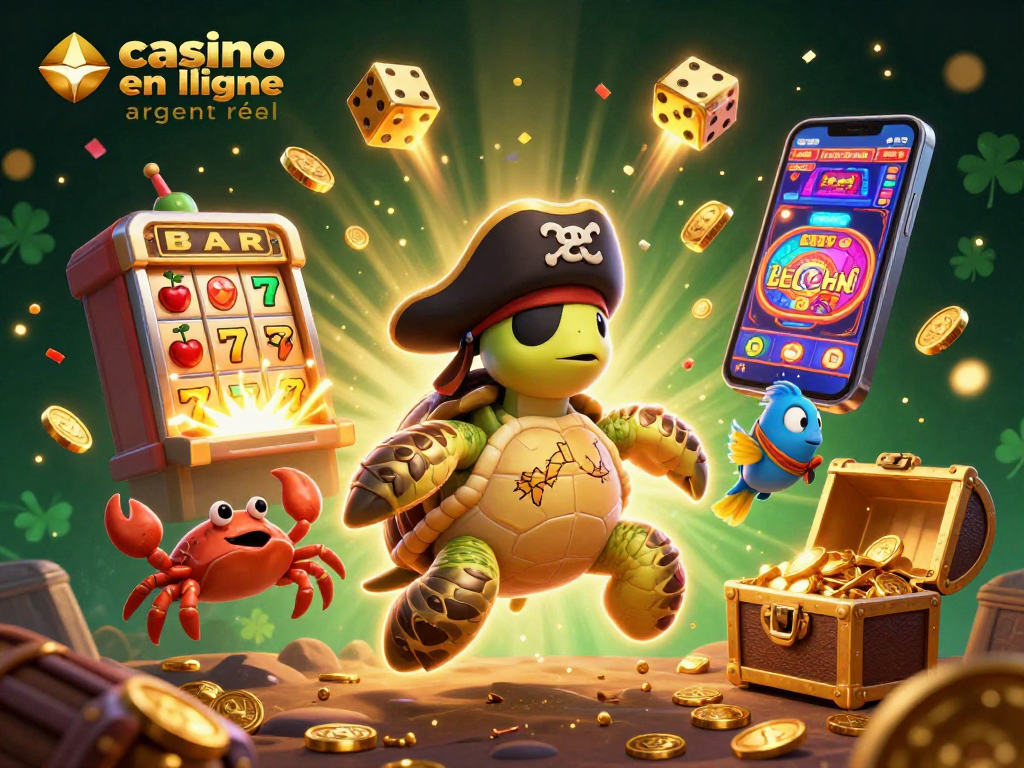 Jouer au casino en ligne argent réel avec une illustration ludique d'une tortue et d'un crabe pirate.