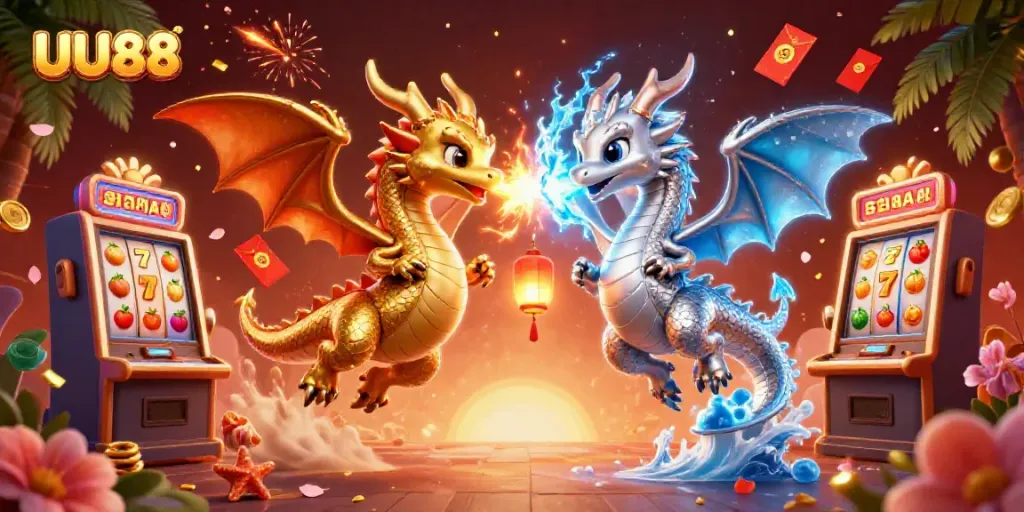 Experience the thrill of UU88 with golden dragons symbolizing fortune amidst vibrant slot machines.