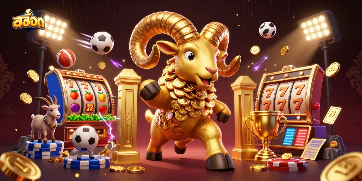 Experience สล็อต thrills with vibrant 3D golden ram charging past dazzling slot reels in a dynamic casino scene.