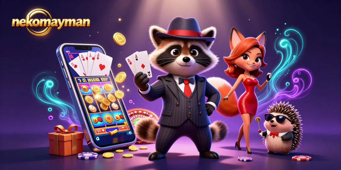 Win big with nekomayman while enjoying vibrant slot games illustrated in an energetic casino scene.