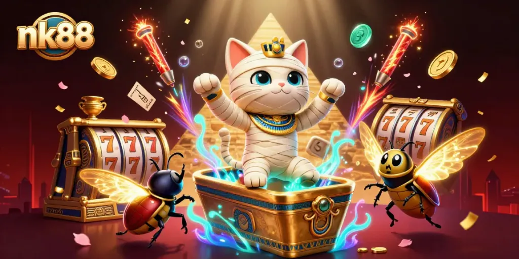 nk88 casino illustration showing a mummy cat and scarab beetle amid slots and festive elements.