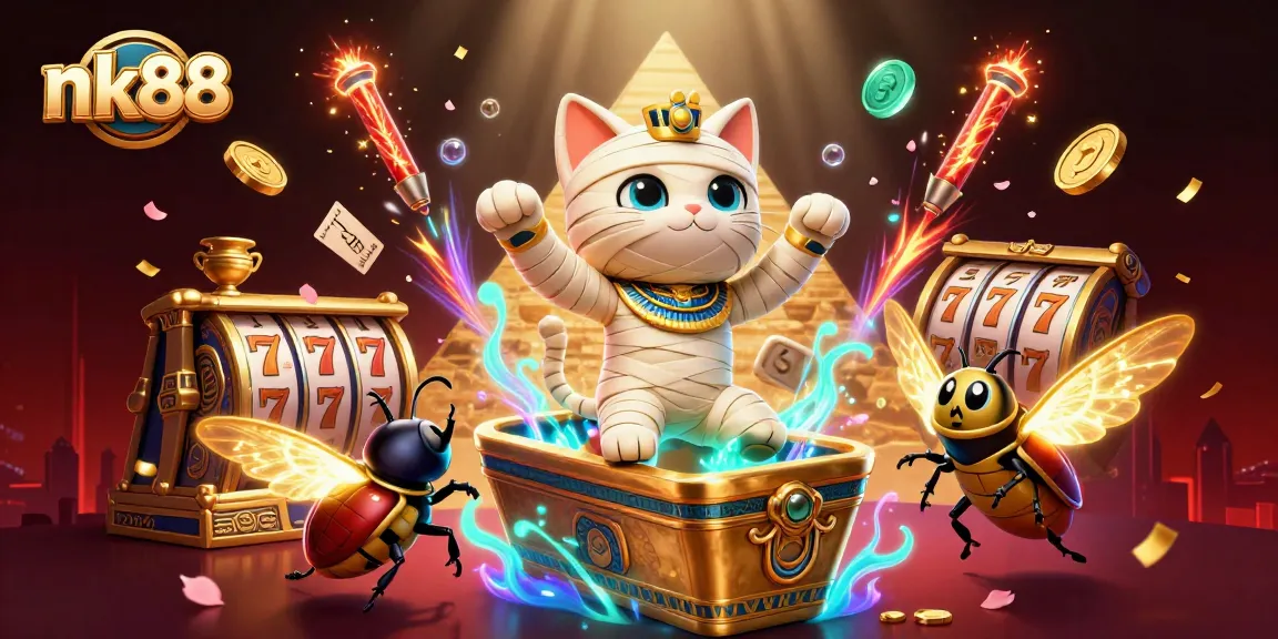 nk88 casino illustration showing a mummy cat and scarab beetle amid slots and festive elements.