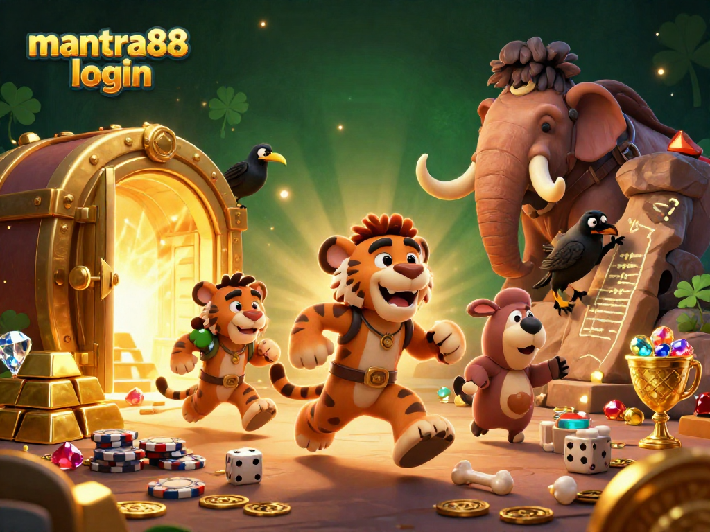 Experience the excitement of mantra88 login with a dynamic caveman casino scene featuring treasure and playful characters.
