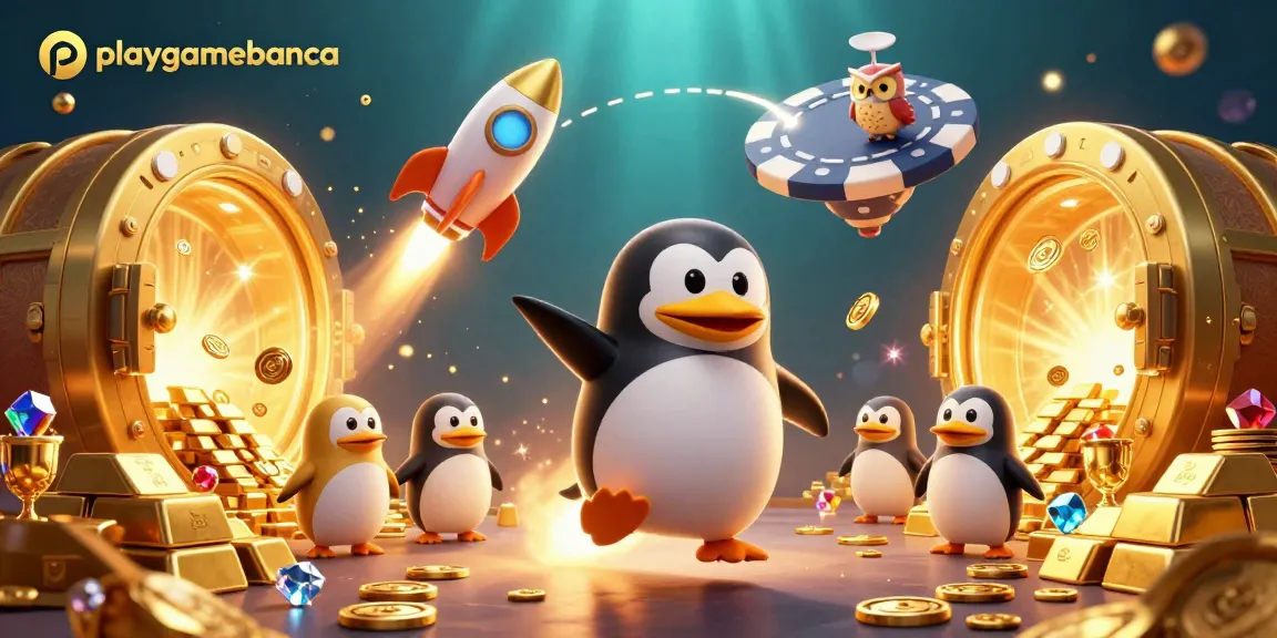playgamebanca showcases a golden penguin in a vibrant casino space, delivering winning treasures