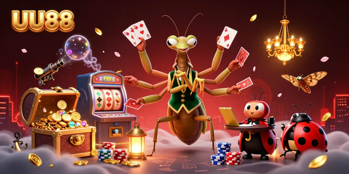 UU88 game's vibrant 3D scene with a mantis card sharp and ladybug pit boss in a lively casino