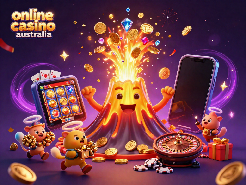 Experience the thrill at an online casino Australia with an erupting golden volcano and treasure-hunting creatures.