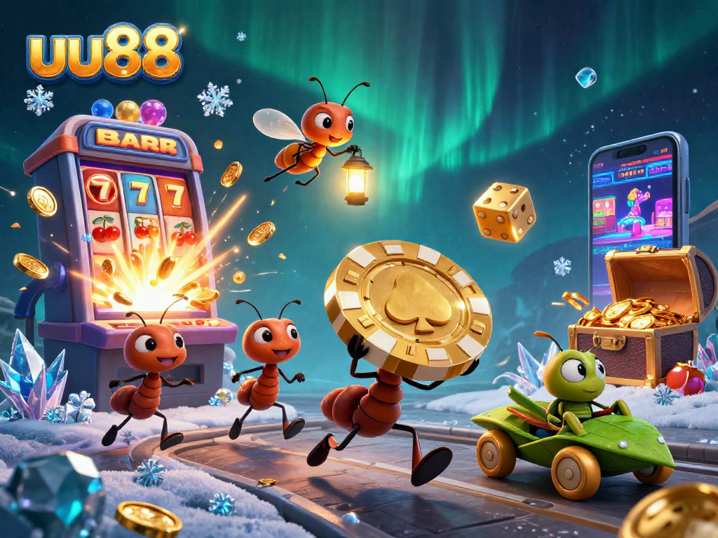 Experience the excitement of uu88 with ants carrying a giant poker chip and rich casino elements.