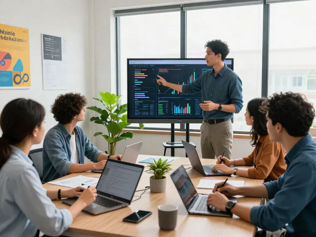 Tim pemasaran digital berdiskusi tentang strategi diana4d di kantor modern dengan layar presentasi.