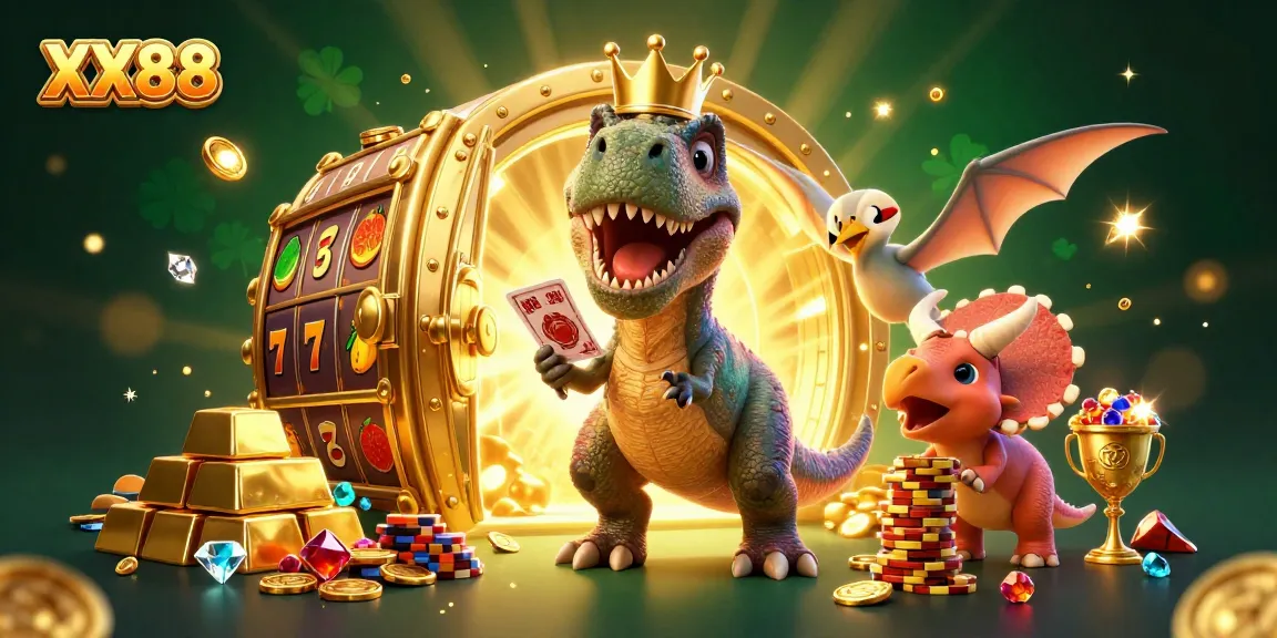 Join the fun with XX88 as a T-Rex deals cards and a triceratops stacks golden chips in a vibrant casino scene.