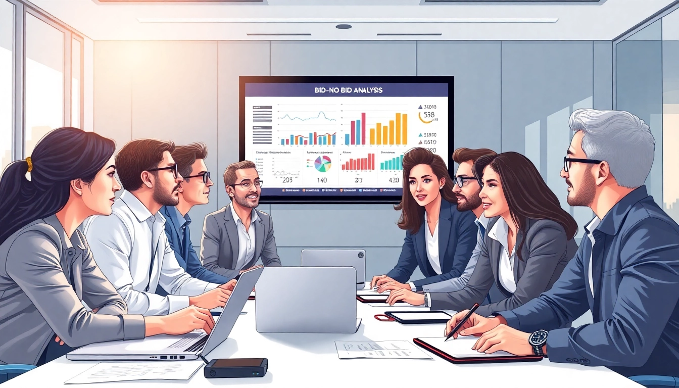 Engaged professionals conducting Bid-No-Bid Analysis in a modern office setting.