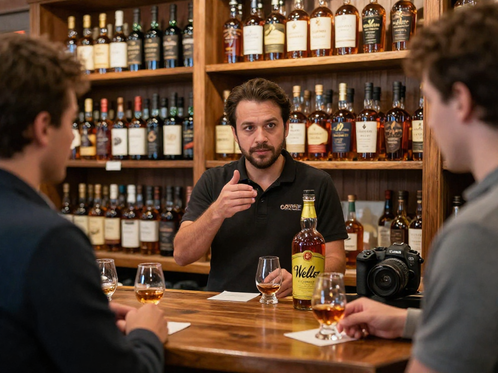 Engaging scene with Weller Antique 107 Bourbon at a welcoming liquor store, featuring knowledgeable staff and premium bourbon selection.