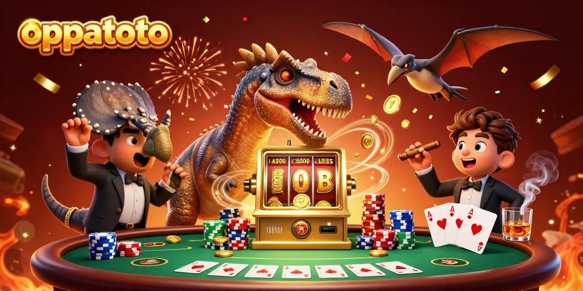 Experience the thrill of oppatoto as a pachycephalosaurus wins coins from a slot machine, with casino excitement surrounding it.