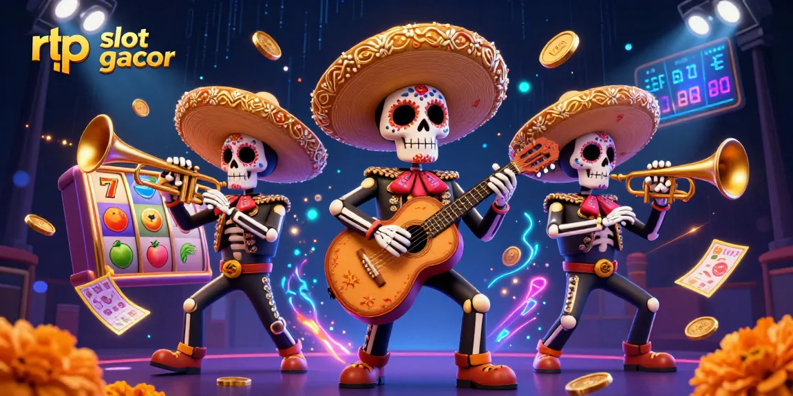 Menampilkan rtp slot gacor dalam ilustrasi 3D menggembirakan dengan band mariachi tengkorak dan elemen slot yang dinamis.