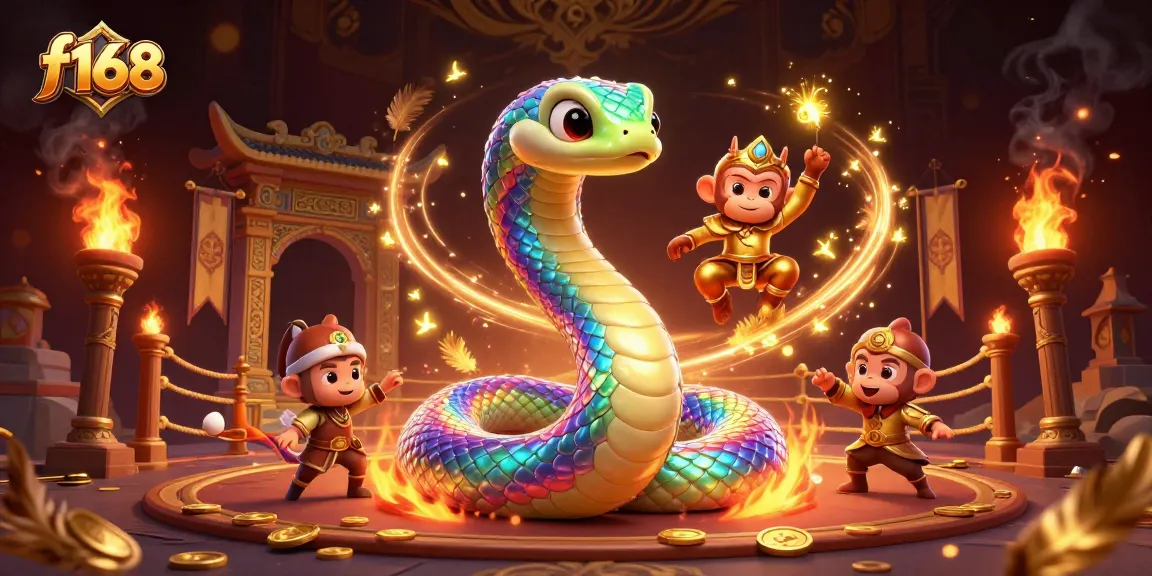 Experience the thrill of f168 with vibrant casino adventure featuring a shimmering rainbow serpent and a monkey king.