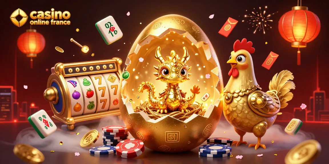 Découvrez une scène captivante de casino en ligne France avec un dragon doré et des rouleaux de machines à sous.